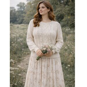 Cottagecore Pearls Vintage Ivory Cable Knit Metallic Shimmer Pullover M Sweater